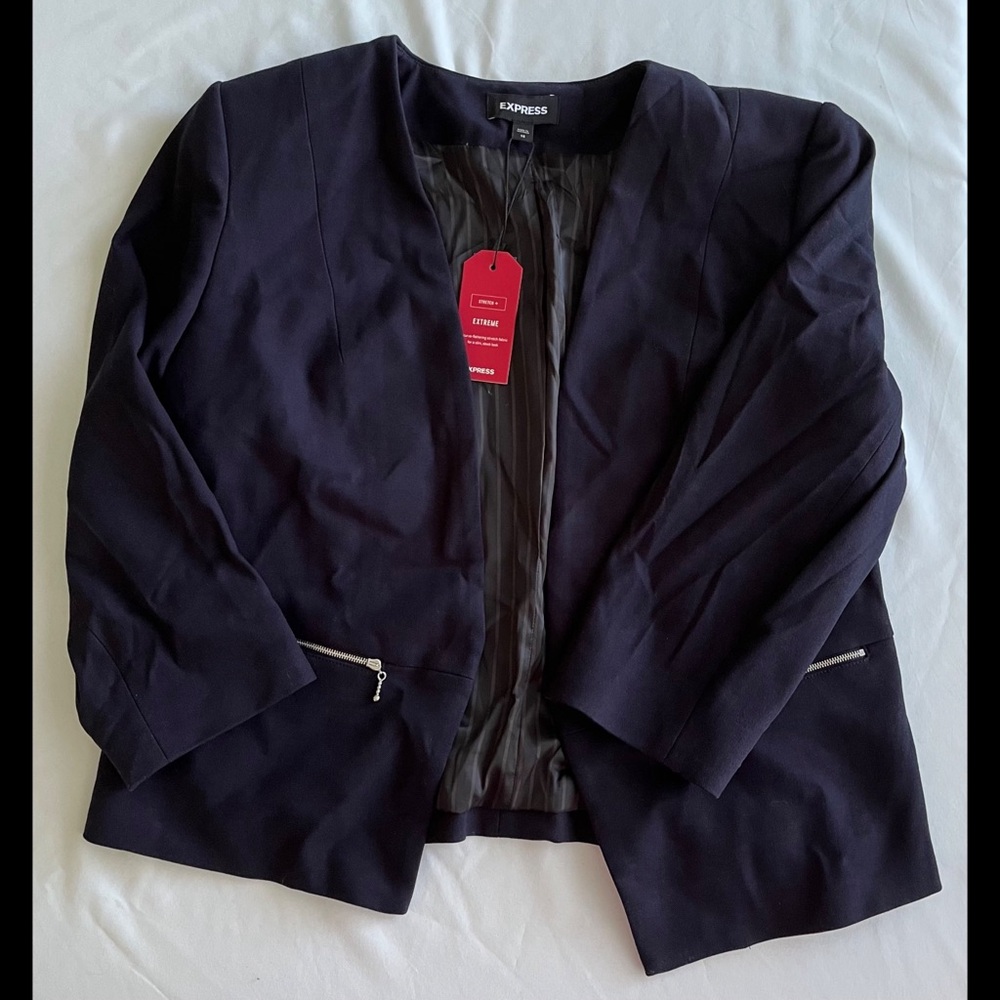 ✨ 4x HP ✨ Navy ✨ Collarless Cropped Zip-Pocket Blazer ✨ - Picture 6 of 7